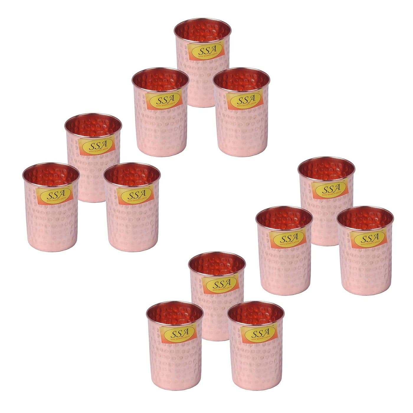 SHIV SHAKTI ARTS Set of 12 10 X 7 X 95 cm Handmade Pure Copper Glass Hammered Designed Tumbler Homeware Drinkware Dinnerware Storage Volume300 ml Each