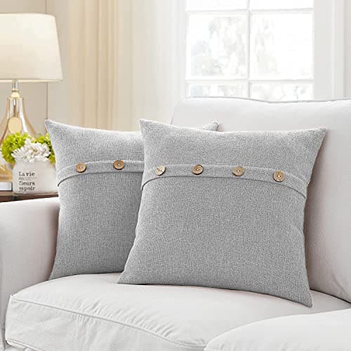 Khooti Decorative Jute Square Cushion Cover with Buttons Throw Pillow Cover Boho Design for Living Room Couch Diwan Sofa, Modern 16 x 16 Inches / 40 x 40 cm (Color - Light Grey)(Set of 2 Pieces) C5