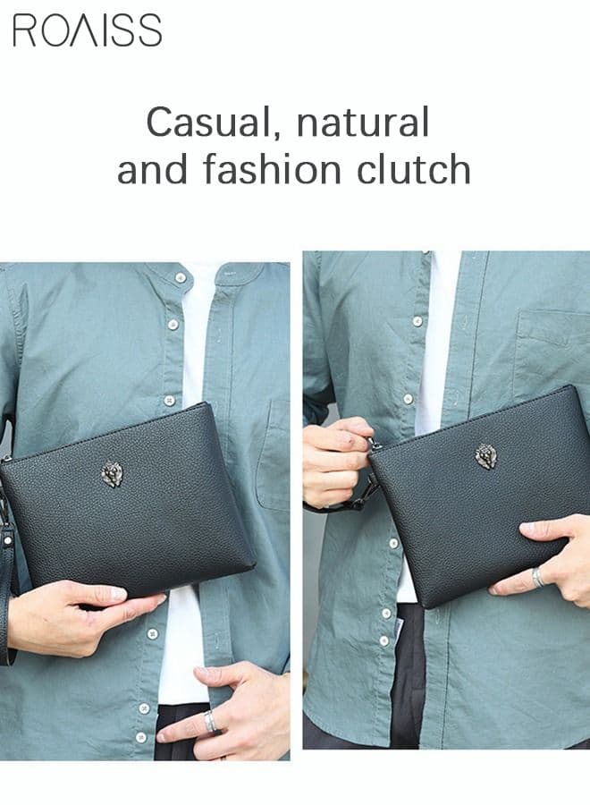 Casual Lion Head Clutch Bag Classic Portable Envelope Bag Large Capacity Lightweight Wallet Business Minimalist Card Holder with Wrist Strap for Men Gift Black