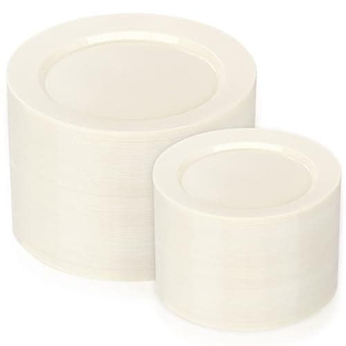 I00000 200 Pcs Ivory Plastic Plates, Disposable Party Plates Include 100 Ivory Dinner Plate 10’’ and 100 Plastic Dessert Plate 7’’ Perfect for Birthday, Party & Wedding