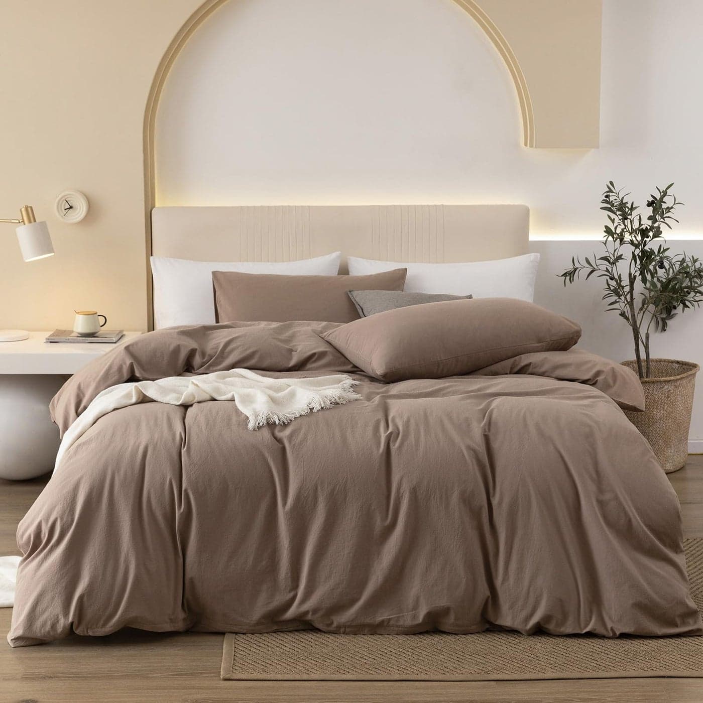 JIYUAN 100 Washed Cotton Duvet Cover Set 3 Pieces King 1 Duvet Cover 104x90 InchesComforter Not Included and 2 PillowcasesLinen Feel Bedding Set Comfy and BreathableLight Brown
