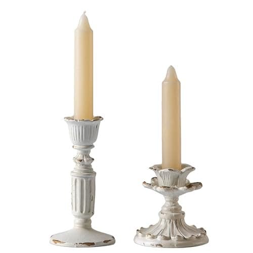 SOFE Resin Small Taper Candle Holders Set of 2, Candle Stick Holder Vintage, Antique Rustic Candle Holder, Distressed White Gold Candlestick Holder, Birthday Home Party Table Decor (Flower Design)