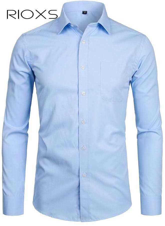 Men's Blue Dress Shirt, Stand Collar Long Sleeve Formal Shirt with Chest Pocket, Business Casual Office Wear, Lightweight Breathable Fabric, Slim Fit Button Down Shirt for Men, All Season Versatile Dress Shirt, Wedding Guest Formal Shirt, Gala Dinner Appropriate Attire