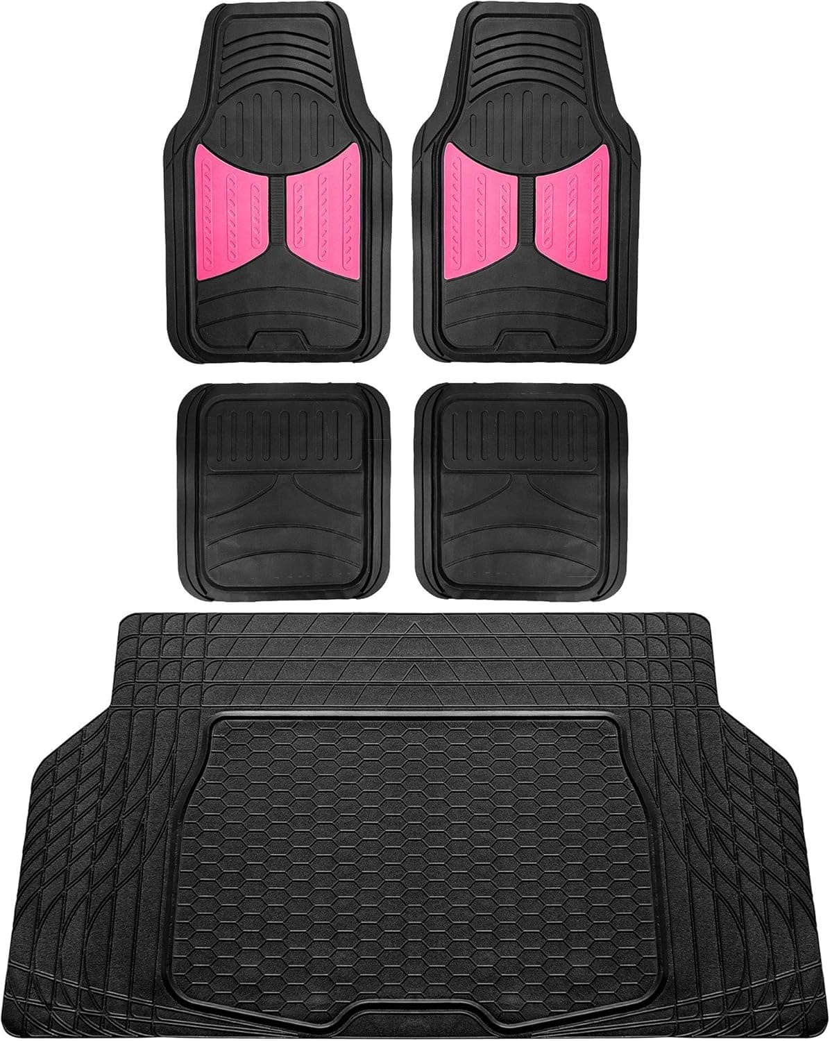 FH Group F11313 Monster Eye Full Set Rubber Floor Mats with Trimmable Vinyl Cargo Mat - Pink/Black