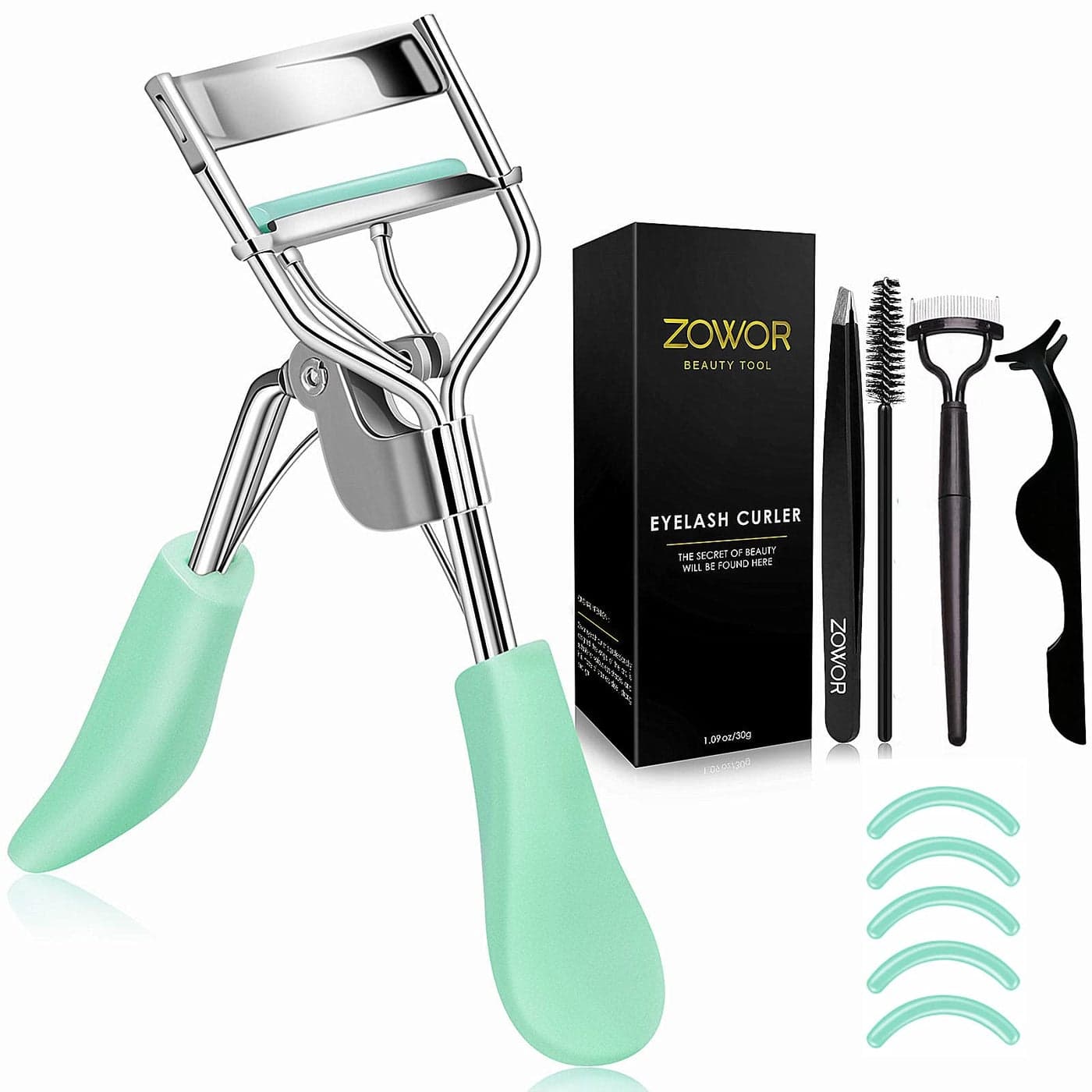 Zowor Eyelash Curler with Comb and Brush Fit All Eye Shape Curved Eyelash Curlers with 5PCS Silicone Refill PadNatural and Long Lasting Lash Curler for Women Make Up GiftGreen
