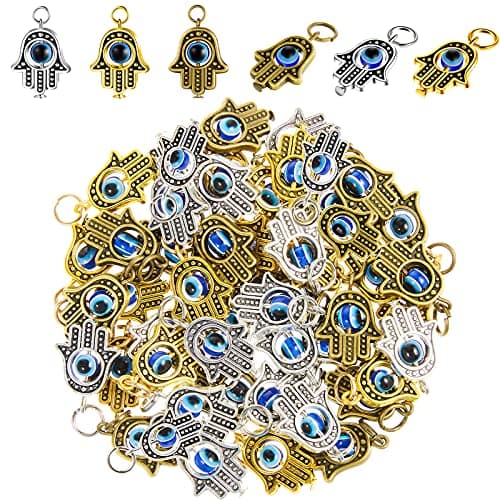 Hicarer 50 Pieces Hamsa Hand Charms Hamsa Evil Eye Pendant Fatima Symbol Hand Beads Charms Pendant for Women Jewelry DIY Making DecorSilver Golden Bronze