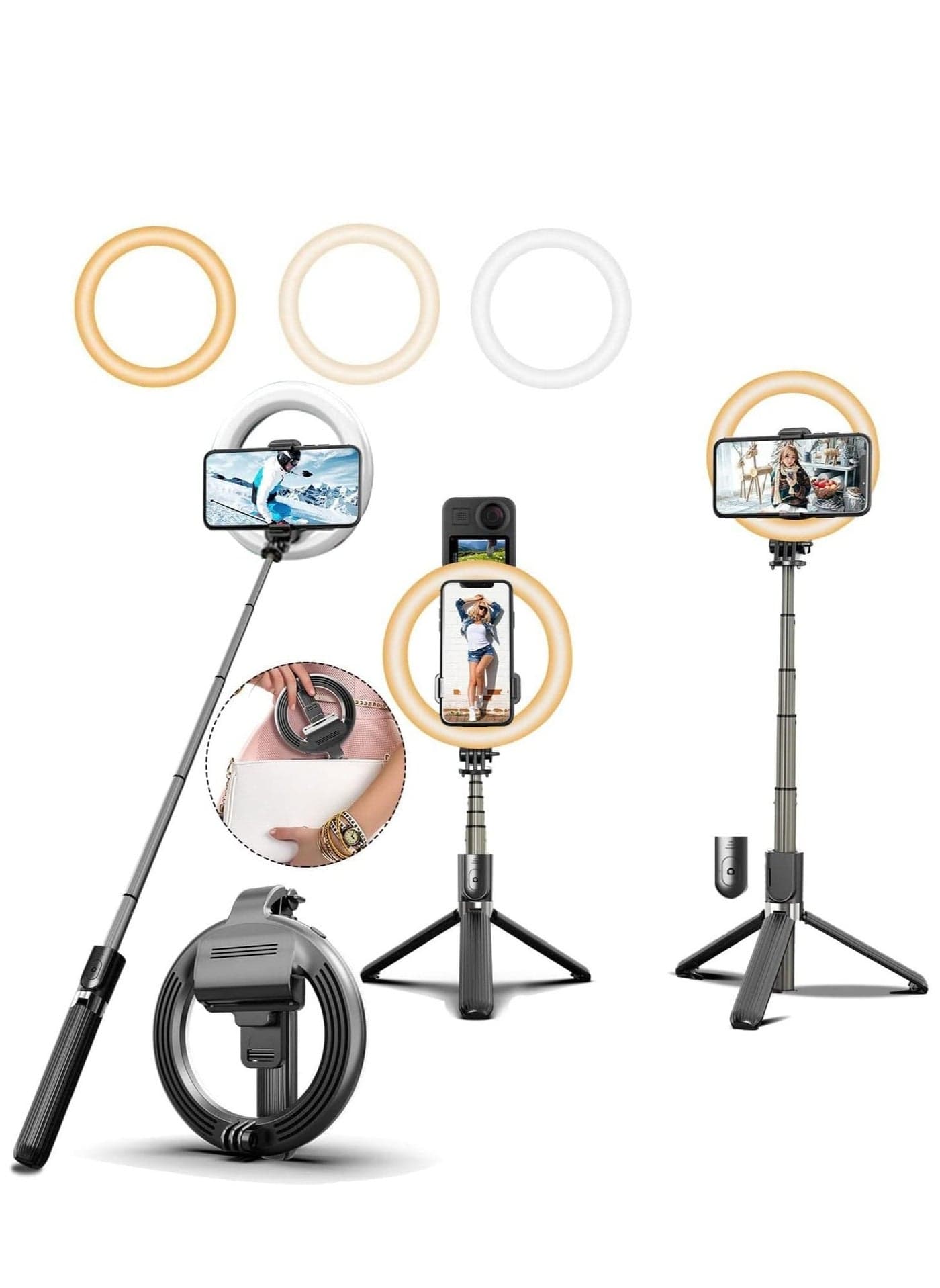 Selfie Stick with 6" Ring Light,Tripod and Phone Holder,3 in 1 Portable LED Fill Light Selfie Stick Tripod Bluetooth Remote Control,Dimmable 3 Colors