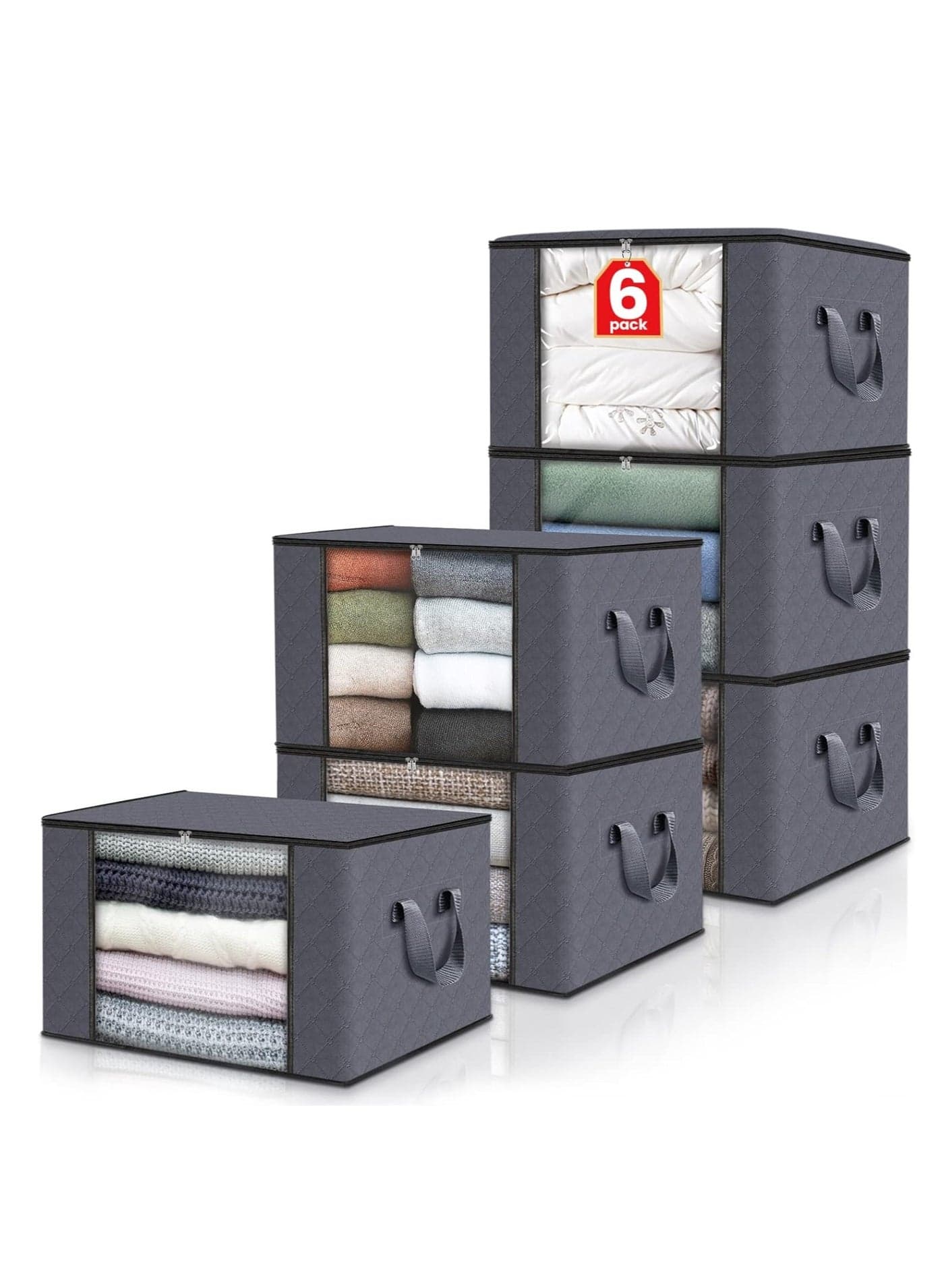 6 Pack Clothes Storage, Foldable Blanket Storage Bags, Storage Containers For Organizing Bedroom, Closet, Clothing, Comforter, Organization And Storage With Lids And Handle(Grey)