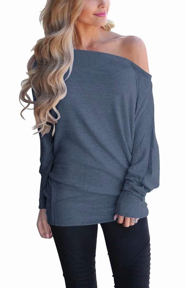 Lacozy Long Sleeve Oversized Shirts for Women Off The Shoulder Sweatshirt Loose Tunic Tops 2025 Grey Blue S
