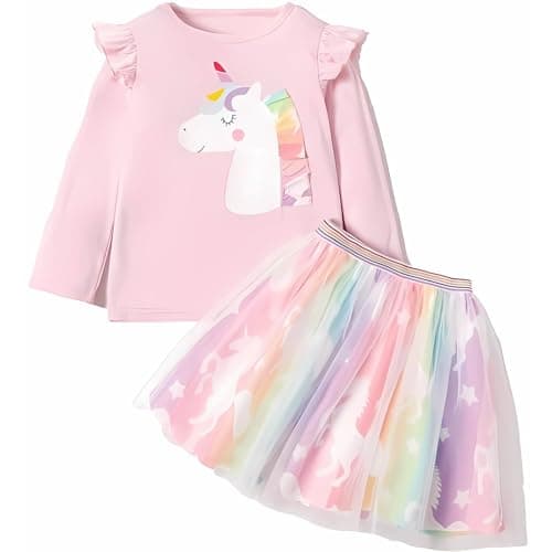 HIKUJ Girls Skirt Top Set Poly Cotton | Unicorn Printed Full Sleeve Top With Flared Skirt | Kid Girls Cute Dress| Girls Birthday Dress Set