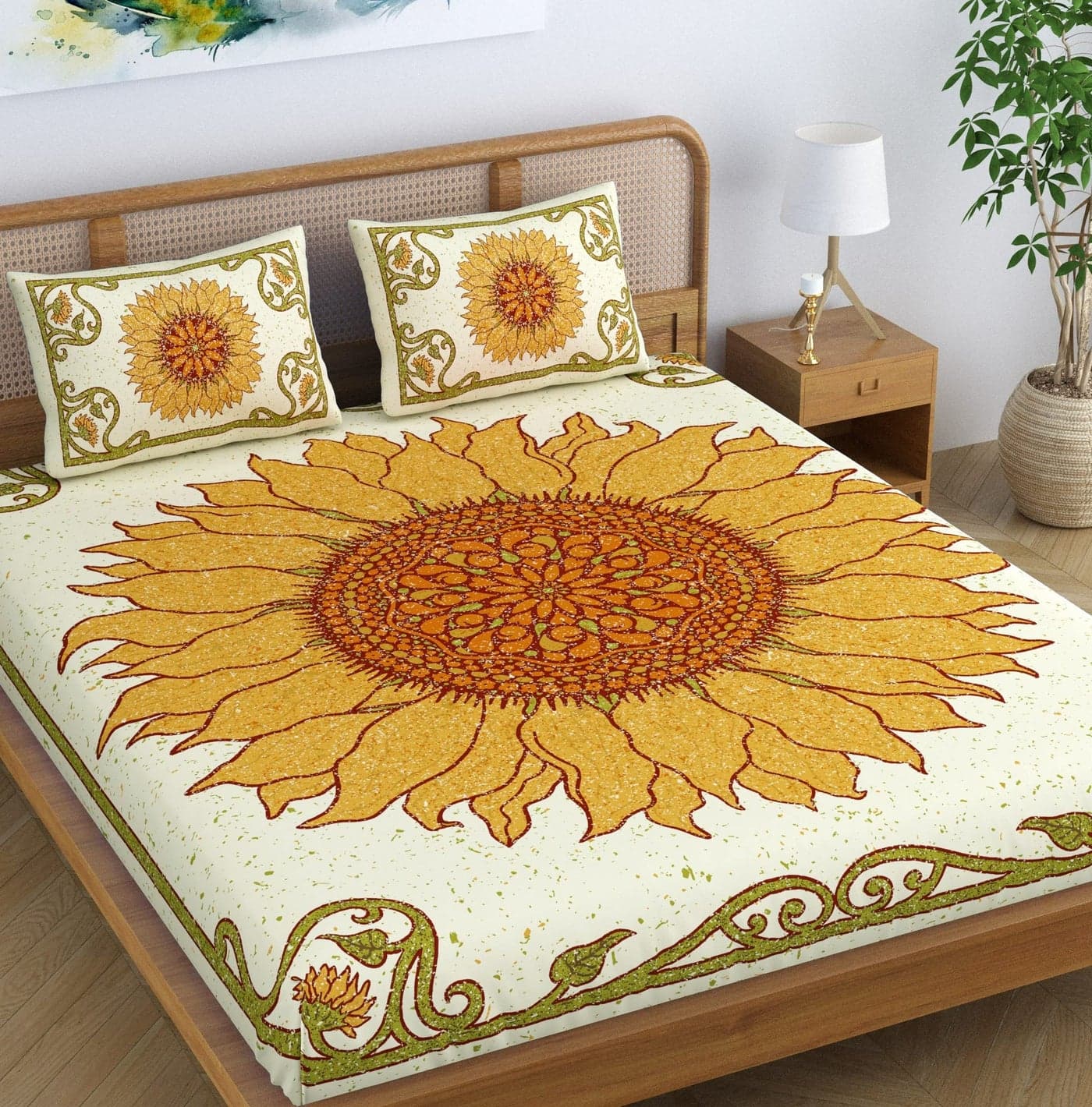 SheetKart Sunflower Mandala 100% Cotton Double Bedsheet Jaipuri Printed Bed Cover King Size with 2 Pillow Covers,Yellow,144 TC