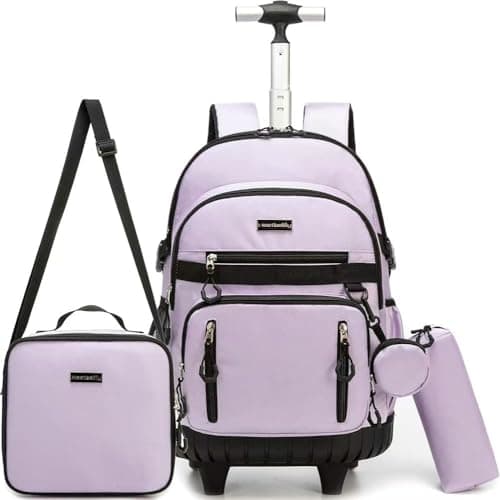 Meetbelify Rolling Backpack for Girls Backpack with Wheels for Elementary Student Kids School Bag with Lunch Box Pencil Case for Girls Ages 6-8 Years Old Purple