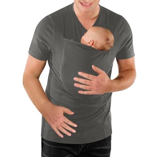 Mens Baby Carrier Shirt V Neck Short Sleeve TShirts for Men Skin to Skin TShirt with Pocket Dark Grey