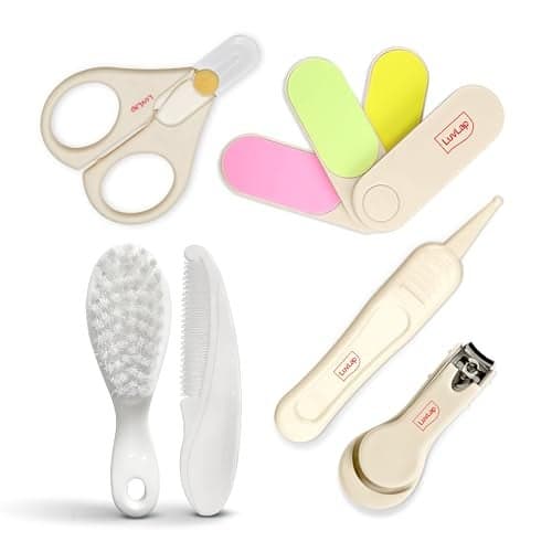 LuvLap Baby 4pcs Nail Grooming Set and Elegant Baby Comb & Brush Set with Soft bristles, Grooming Set, Baby Nail Cutter, Baby Nail Scissor, New Born Grooming Kit, 0M+, White