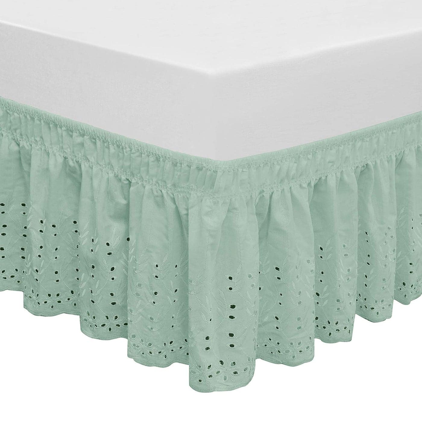 QSY Home Wrap Around Elastic Eyelet Bed Skirts 14 12 Inches Drop Dust Ruffle Three Fabric Sides Easy OnEasy Off Adjustable Polyester Cotton 14 12 Inches DropLight Green QueenKing