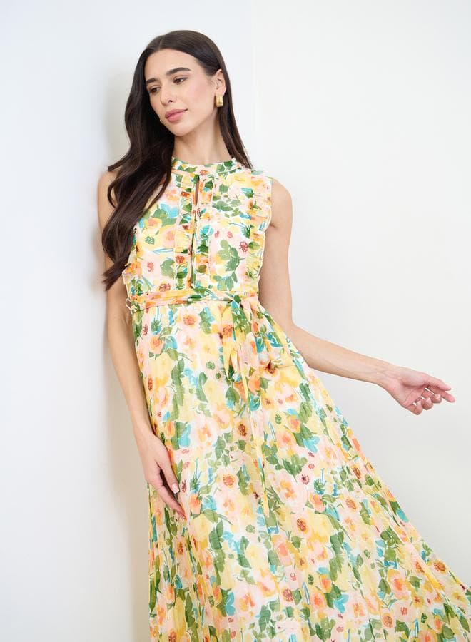 Yellow Ruffled Pleated Midi Dress with Tie Belt