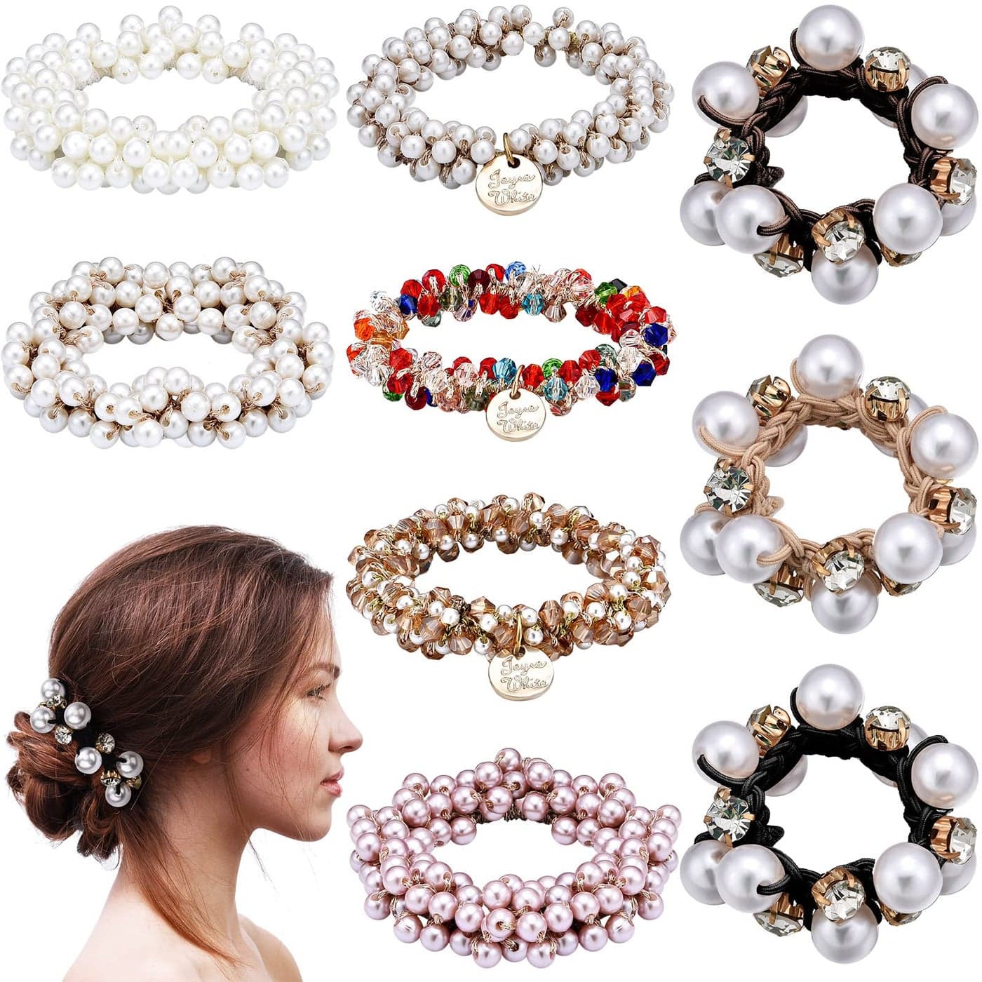 Yinder 9 Pcs Hair Accessories for Women Christmas Gift Pearl Hair Ties Crystal Elastic Ropes Scrunchies Stretchy Bead Bands Ponytail Holders Boho Handmade Elastics TiesClassic