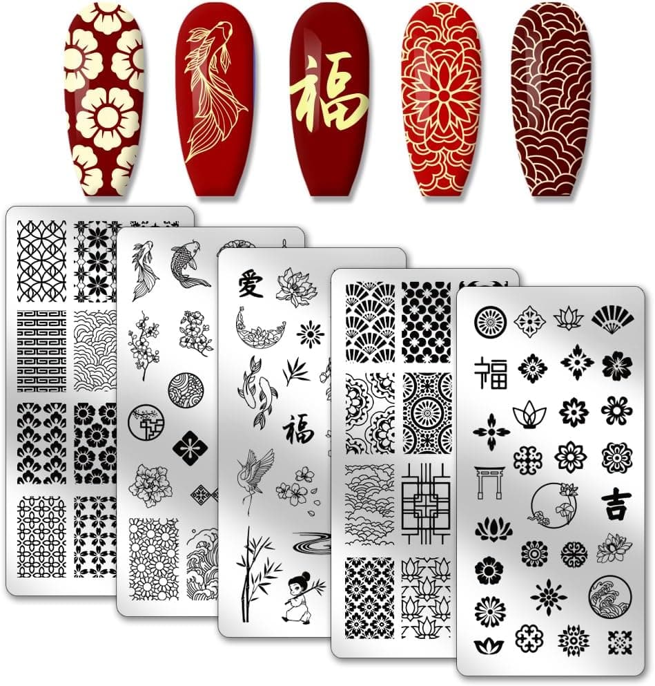 PH PandaHall 5pcs Traditional Chinese Style Nail Stamping Plates Lucky Words Panda Flower Nail Stamper Texture Nail Art Stencils Stainless Steel Nail Image Plates for New Year Manicure Salon