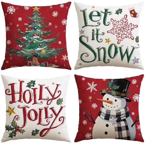 Artscope Christmas Tree Snowman Throw Pillow Covers 18x18 Inch Set of 4 Let It Snow Holly Jolly Winter Hoilday Christmas Decoration Pillow Cases for Home Sofa Couch DecorRed