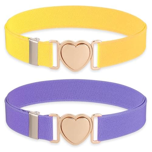 Molain 2 Pack Girls Belt for Waist Size 15-30", Kids Elastic Belt Heart-Shaped Metal Buckle Waist Belt for Girls, Elastic Stretch Belts for Kids Dress Pants Jeans(Yellow+Purple)