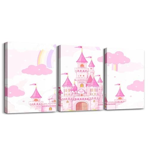 Feelyou Pink Castle Picture Wall Decor Rainbow Castle Canvas Wall Art for Living Room Bedroom Girls Princess Bathroom Wall Art for Home Decor Fairy Tales Wall Painting Girls 12 x 16 3 Piece