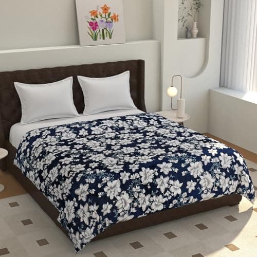 TIB® Warm Reversible Quilt Cover Double Bed with Zipper, Duvet Cover Double Bed Soft Flannel (90x100) Inches (Blue Flower)