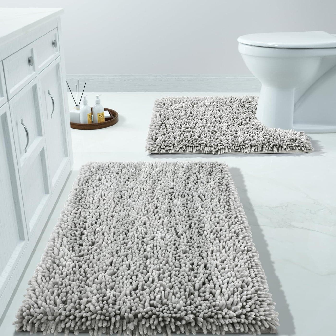 Yimobra Bathroom Rugs Sets 2 Piece Luxury Shaggy Extra Thick Bathroom Rugs Plush NonSlip Mats for Bath Room Floor UShaped Toilet Mat Ultra Absorbent 24 x 17 244 x 204 Inches Light Grey