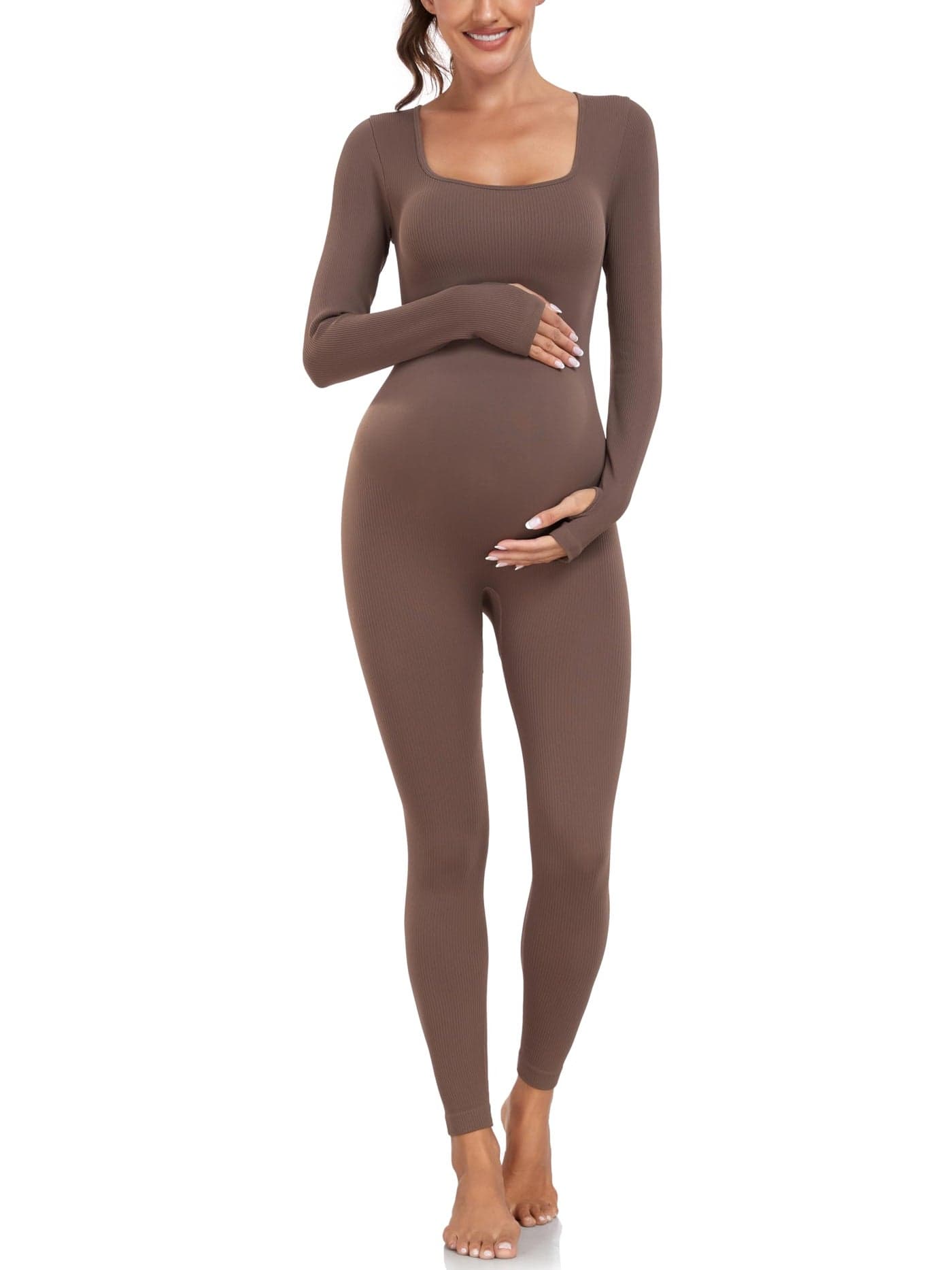 EastElegant Maternity Seamless Yoga Jumpsuits Womens One Piece Workout Bodysuits Ribbed Square Neck Long Sleeved Romper Brown S