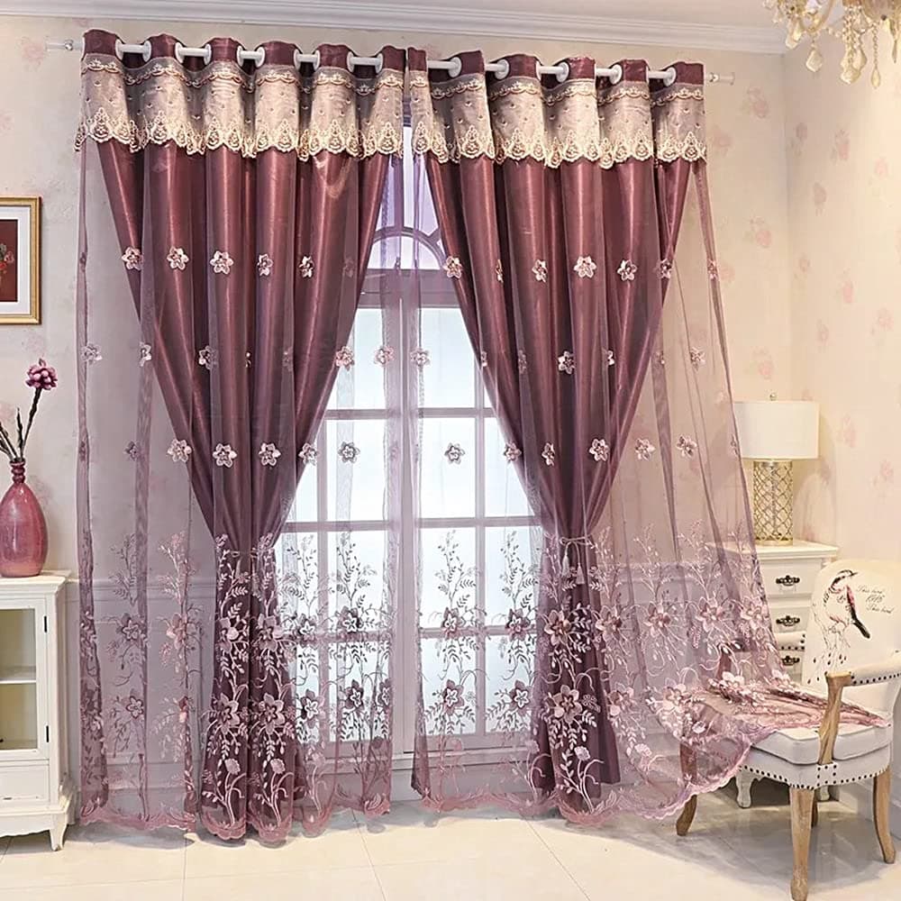 Amidoudou 1 Pair European Double Layer Curtains for Living Room Bedroom Luxury Flower Embroidered Curtains with Valance Purple54x90 Inch