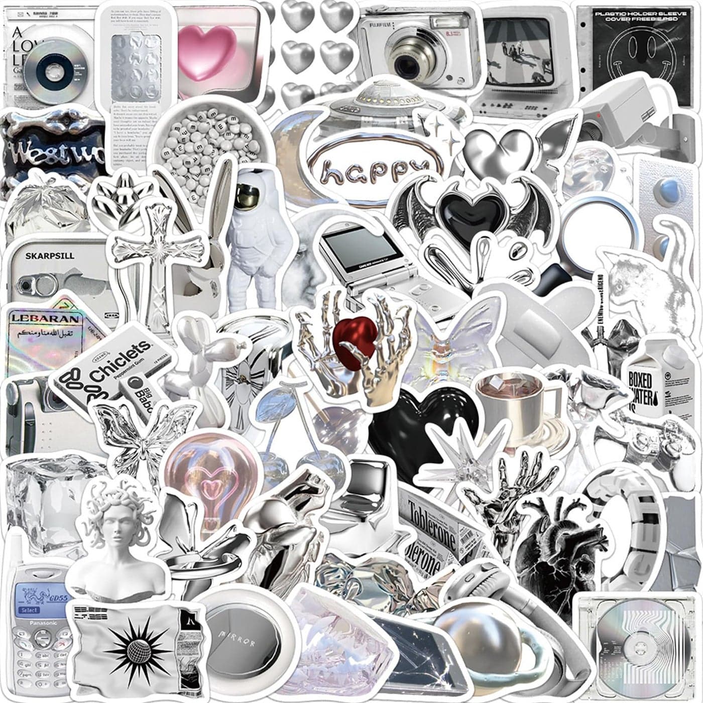 Icicrim 66PCS Aesthetic Silvery Stickers Y2K Stickers for Teens Adults Vinyl Waterproof Retro Vintage Stickers for Journaling Water Bottles Laptop Scrapbook Phone