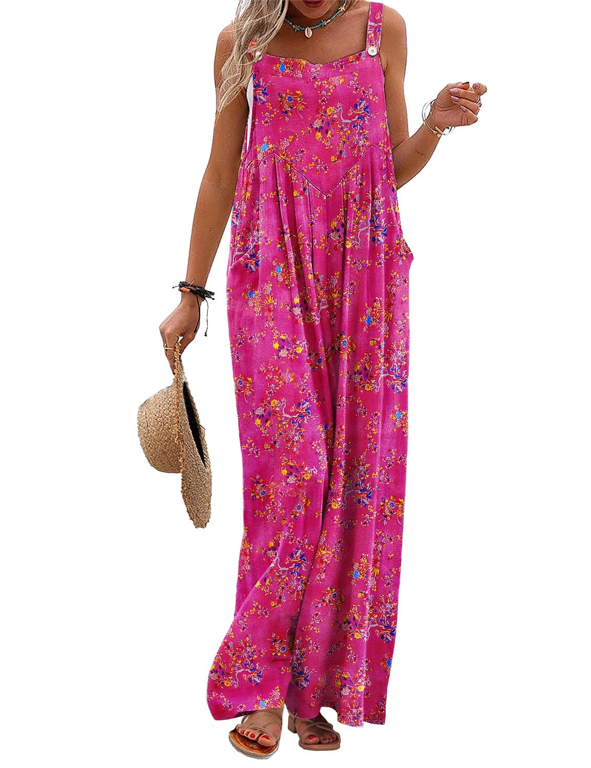 YESNO Women's Summer Casual Overalls Loose Wide Leg Jumpsuits Boho Floral Printed Baggy Rompers with Pockets 2XL PZH CR26