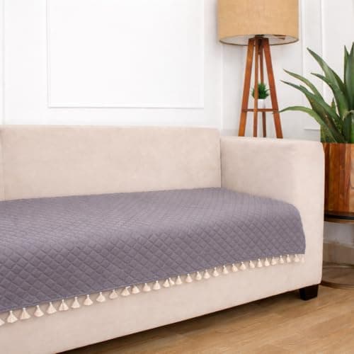 STITCHNEST 4 Seater Quilted Velvet Sofa Cover with Tassels | Elegant Grey Sofa Protector for Living Room | Soft, Washable | Perfect for Enhancing Living Room Interiors