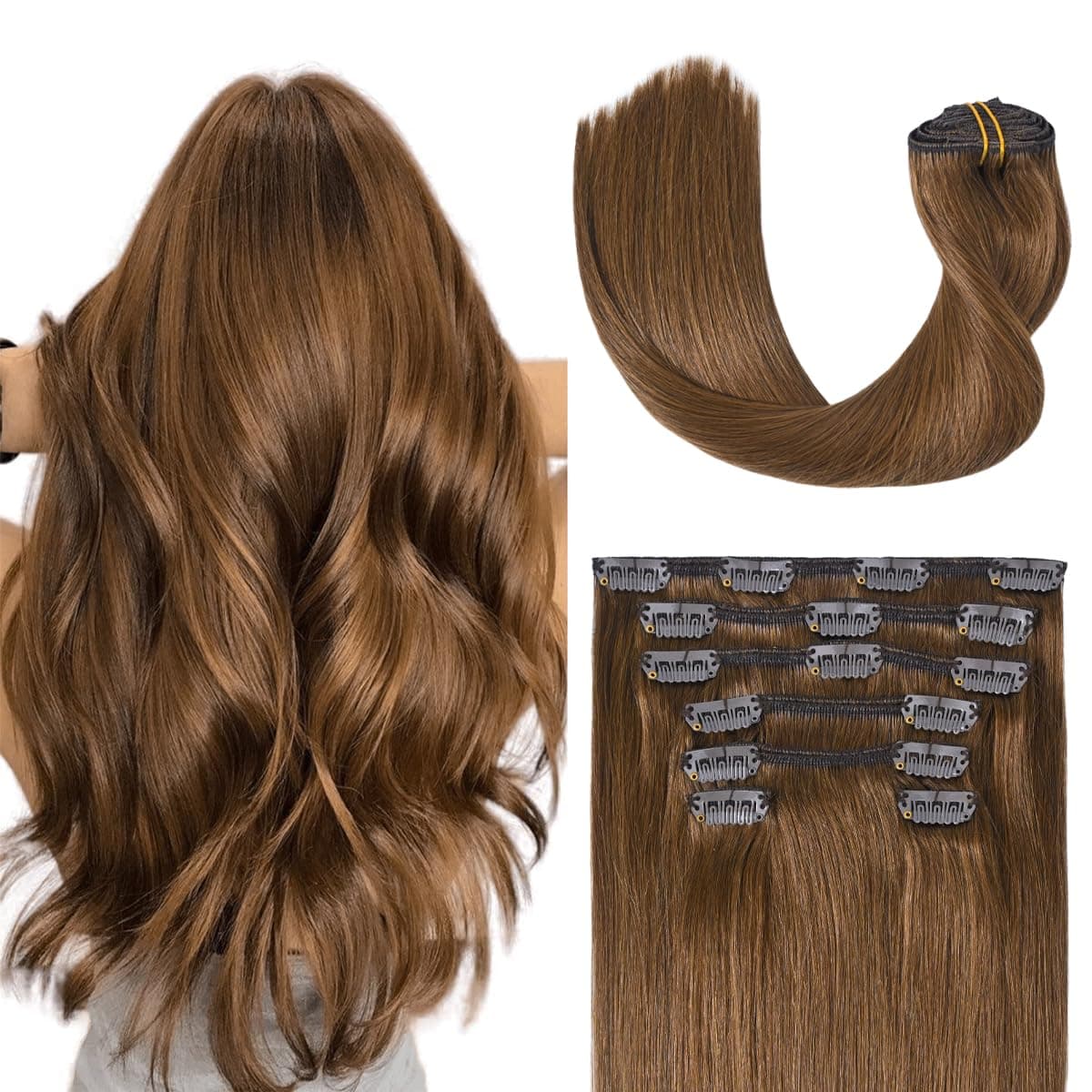 UGOTRAYS Light Brown Hair Extensions Clip in Human Hair 22 Inch 70g 7pcs Remy Hair Silky Straight 16clips One Pack for Women 6 Chestnut Brown Hair Extensions
