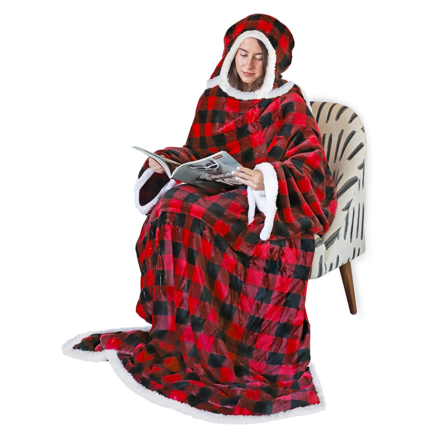 Tirrinia Hood Sherpa Wearable Blanket Red Buffalo Plaid for Adult Women and Men Super Soft Comfy Warm Plush Throw with Sleeves TV Blanket Wrap Robe Hoodie Cover for Sofa Couch 72 x 55