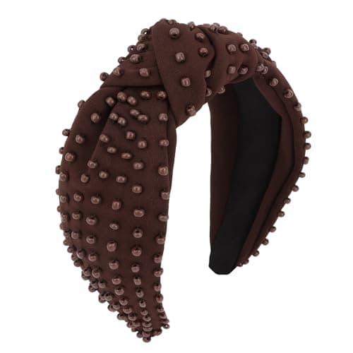 YISSION 1PC Beaded Knotted Headband Wide Jeweled Headbands for women Non Slip Embellished Hairband Coffee Head Band Hair Accessories for Women Girls