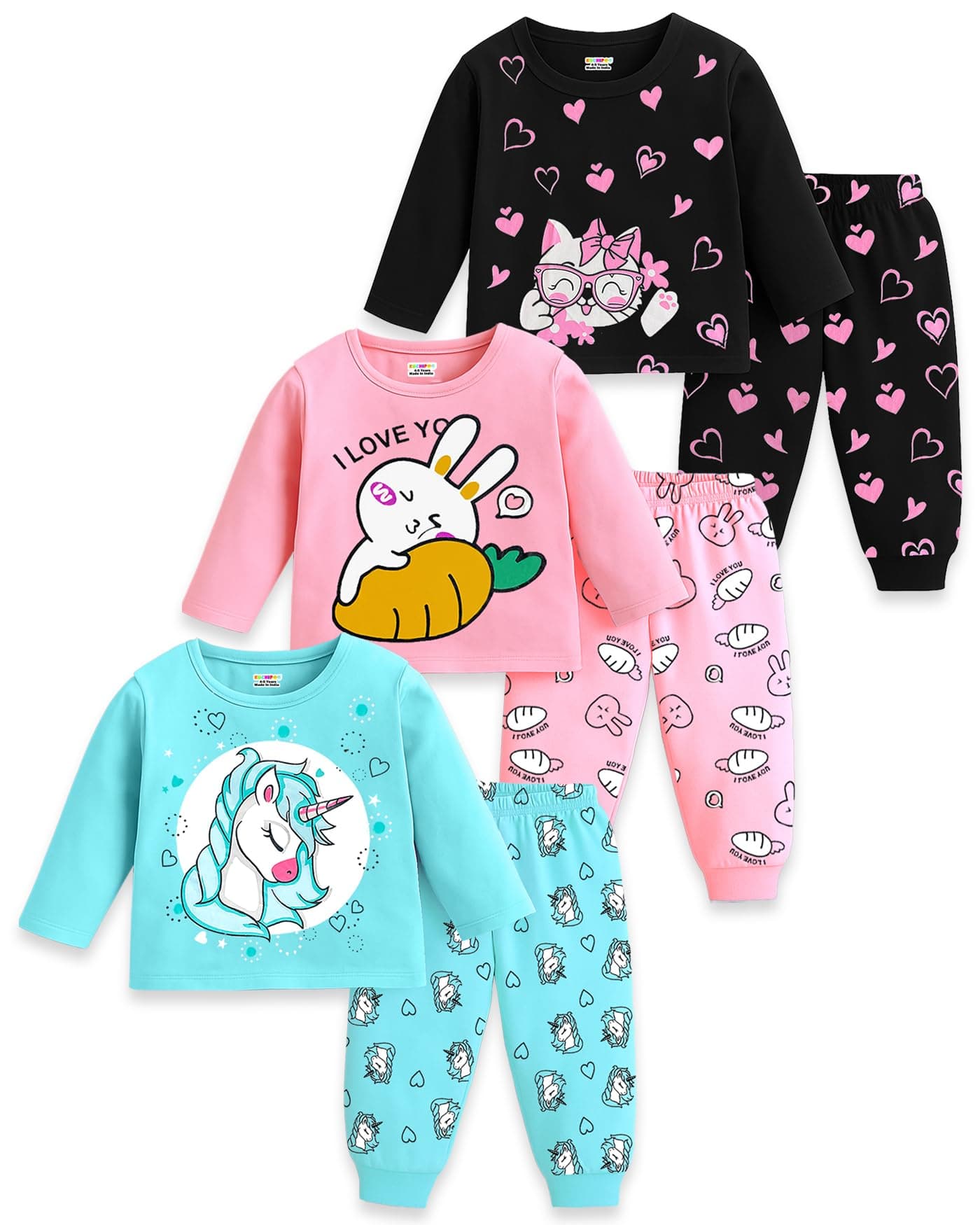 Kuchipoo Girl Regular Fit Cotton T-Shirts and Pyjamas Set (KUC-PSUT-171, 3-4 Years, Multi-Colored)