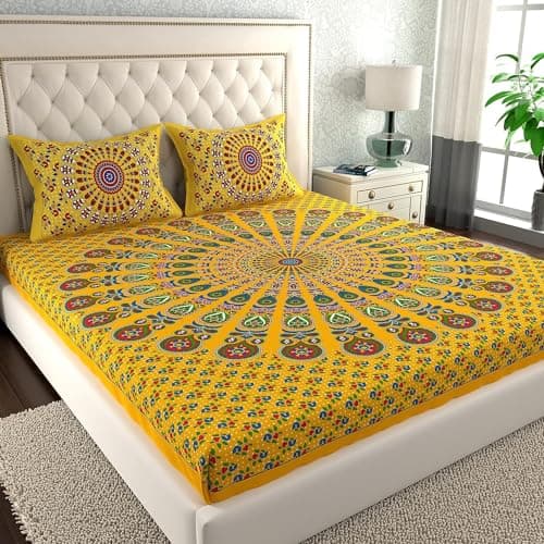 BedZone Cotton Rajasthani Jaipuri Traditional King Size Double Bed Bedsheet with 2 Pillow Covers (Queen) (Double)