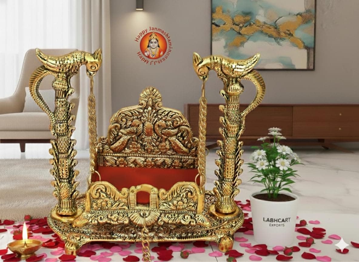 SHRI KRISHNA Metal Laddu Gopal Jhula / Palana Figurine 18 x 9.5 x 17 cm, Gold , Set of 1