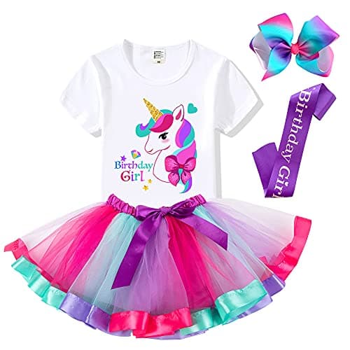 Birthday Girls Costume – Headband, Shirt, Tutu Skirt Dress, Satin Sash - Unicorn Gifts for Girls (Birthday Girl 7, 8 Years)