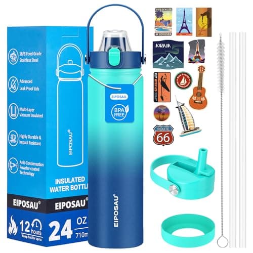 Insulated Water Bottle with Lid & Boot & Stickers, 24 oz Stainless Steel Sweat Free Bottle Keep Cold 24H, BPA-Free Sports Wide Mouth Water Bottle, CyanBlue