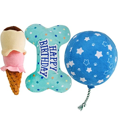 Prime Pets Dog Birthday Toys 3 Pack Crinkle Squeaky Dog Toys Pet Toys for Small Medium Large Dogs Stuffed Puppy Chew Toys Dog Gift Toys