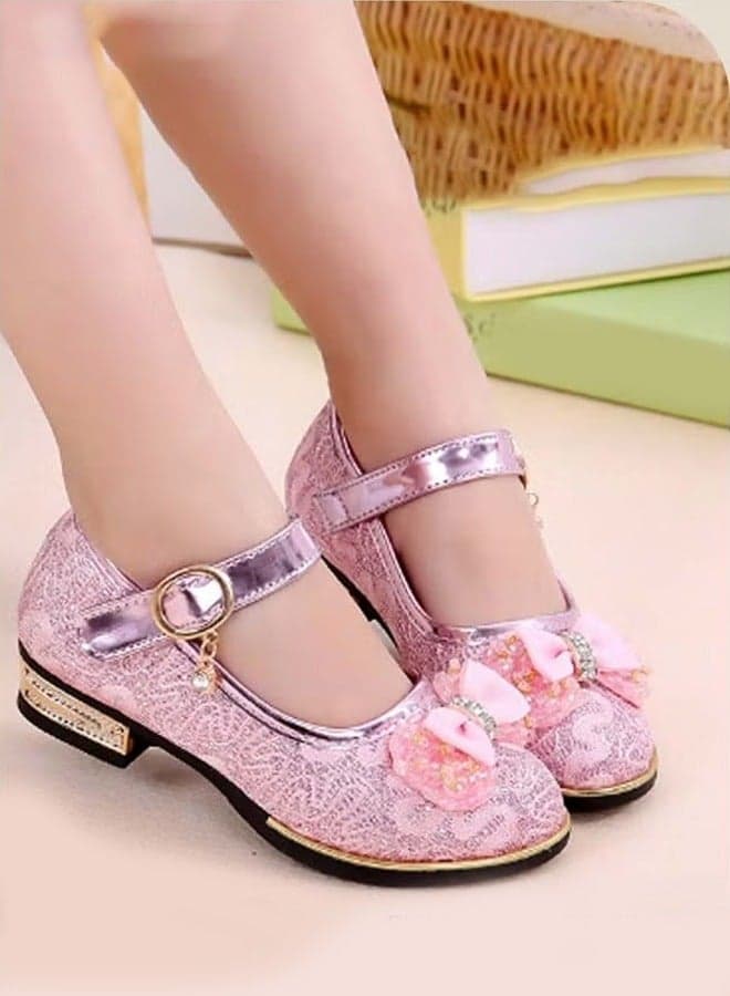 Girls Dress Shoes, Little Girls Mary Jane Lolita Shoes, Princess Party Shoes, Student Performance PU Formal Shoes, Glitter Low Heels Flower Wedding Party Footwear for Toddler Little/Big Kids, Bright Mary Jane Shoes Pink