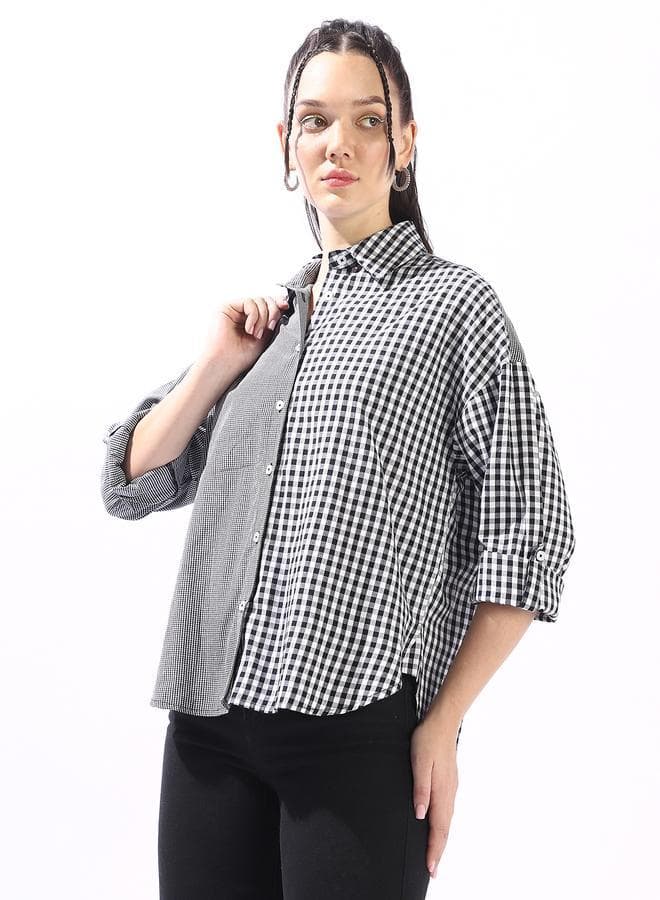 Women's Black 100% Cotton Checkered Button Down Oversized Shirt