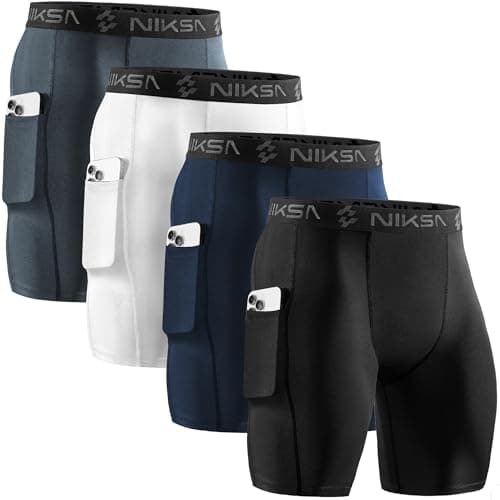 Niksa 4 Pack Compression Shorts Men with Pocket, Spandex Running Shorts Sport Athletic Workout Performance Underwear