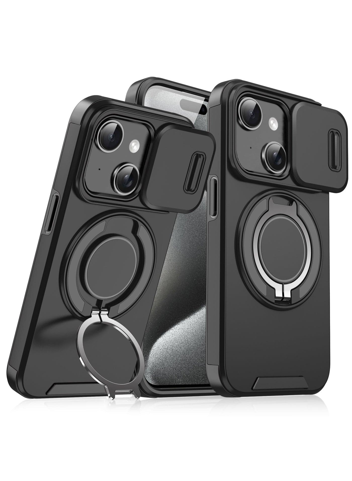 iPhone 13 Slide Camera Cover Case, Soft Touch, Magnetic MagSafe, 360° Rotatable Ring Stand, Quad Airbag with Slightly Raised Corners Shockproof Protection, Black, 1 Piece