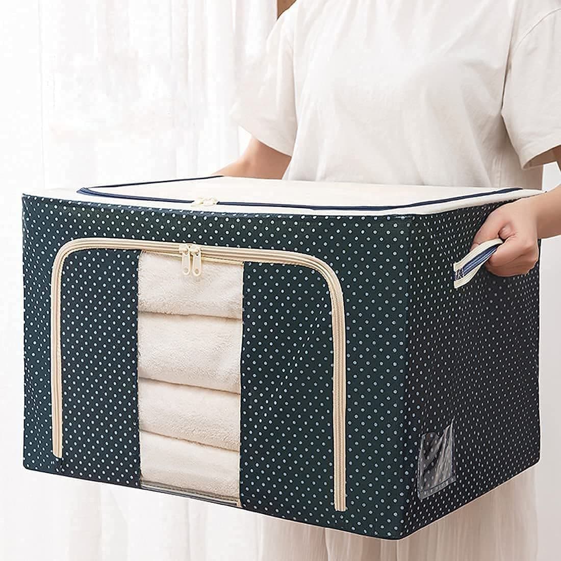 BIYALI 66LTR Foldable Steel Frame Cloths Zip Organizer Bag Fabric Storage Living Cover Boxes For Shelves Clothes Sarees Bed Sheet Blanket Blue Dot Pack of 1