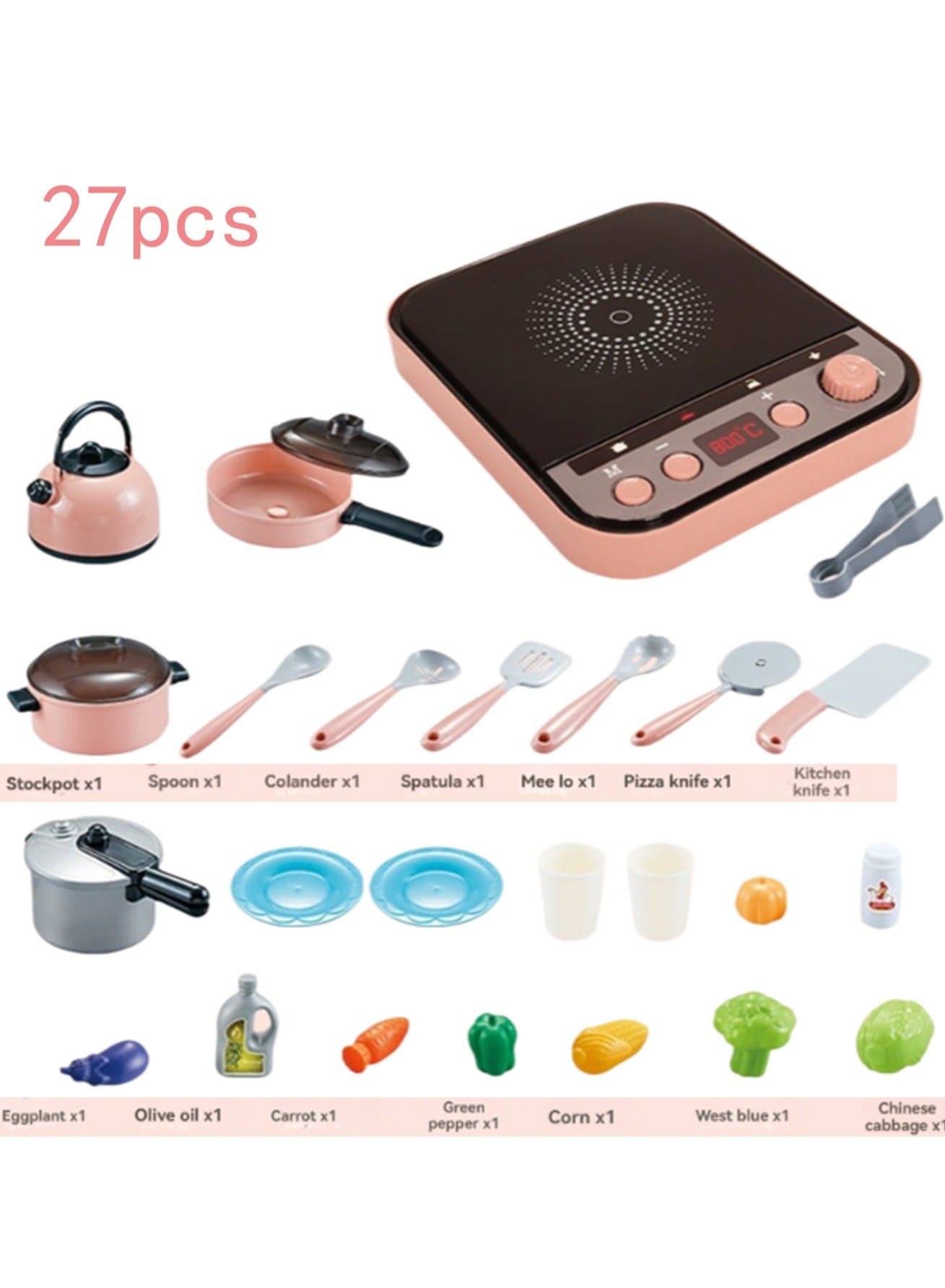 Pink Induction Cooker 27 Pieces Children'S Play House Simulation Sound And Light Spray Mini Kitchen Cooking Toys Boys And Girls Frying Cooking Educational Toys