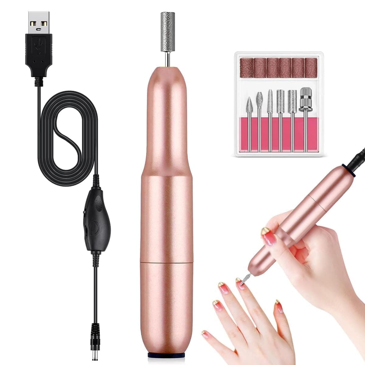 GOODIEBOX Electric Nail Drill File Professional Nail Drill Machine Kit Manicure Pedicure Tools Polishing Set with 6 Nail Drill Bits Sanding Paper for manicure pedicure uses