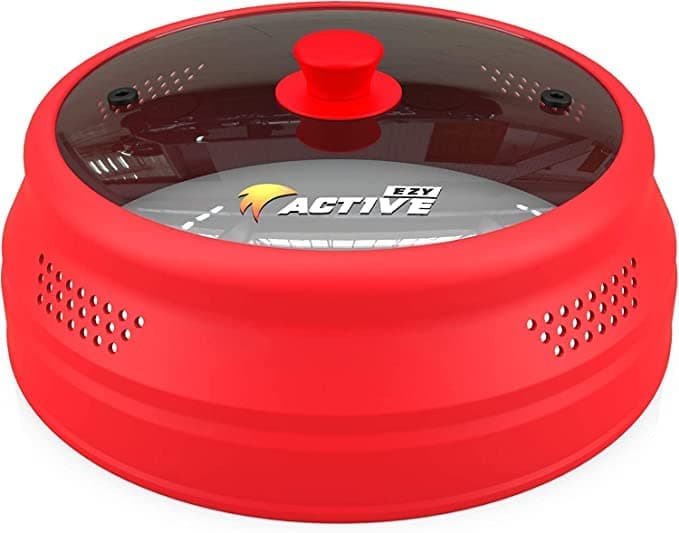 Ezy Active Collapsible Microwave Cover for Food - Silicone and Glass Splatter Guard Lid for 6-12 inch Plates & Bowls, Dishwasher Safe, Heat Resistant, BPA-Free, (Red).