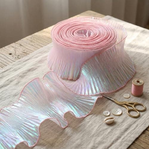 IDONGCAI Mermaid Iridescent Pleated Tulle Lace Trim 5 Yards Ruffle Organza Ribbon for Dress Sewing Wedding DecorDIY CraftsParty Home DecorIridescent Pink